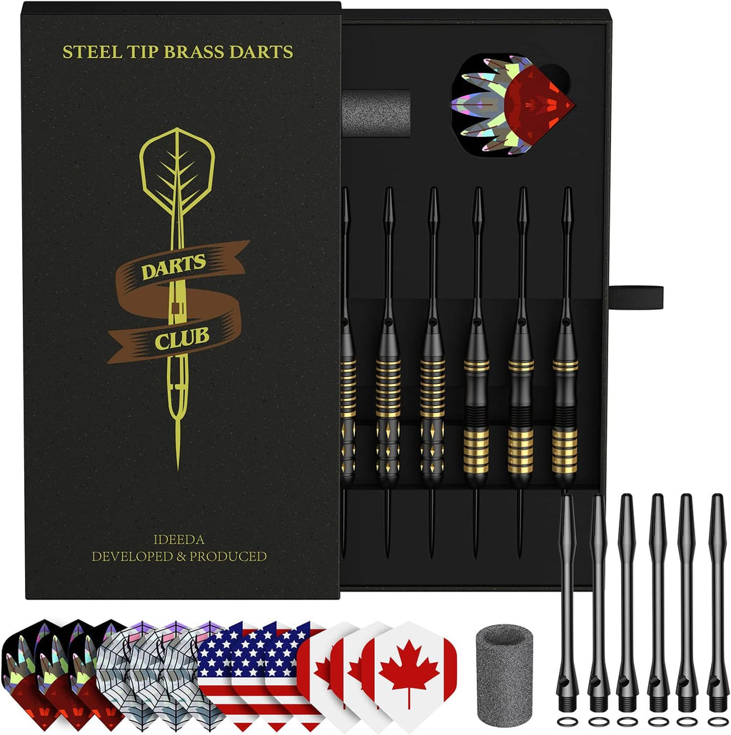 Darts Metal Tip Set - 6 Brass Darts 22G/24G + 12 Aluminum Shafts + 12 Flights + 1 Sharpener