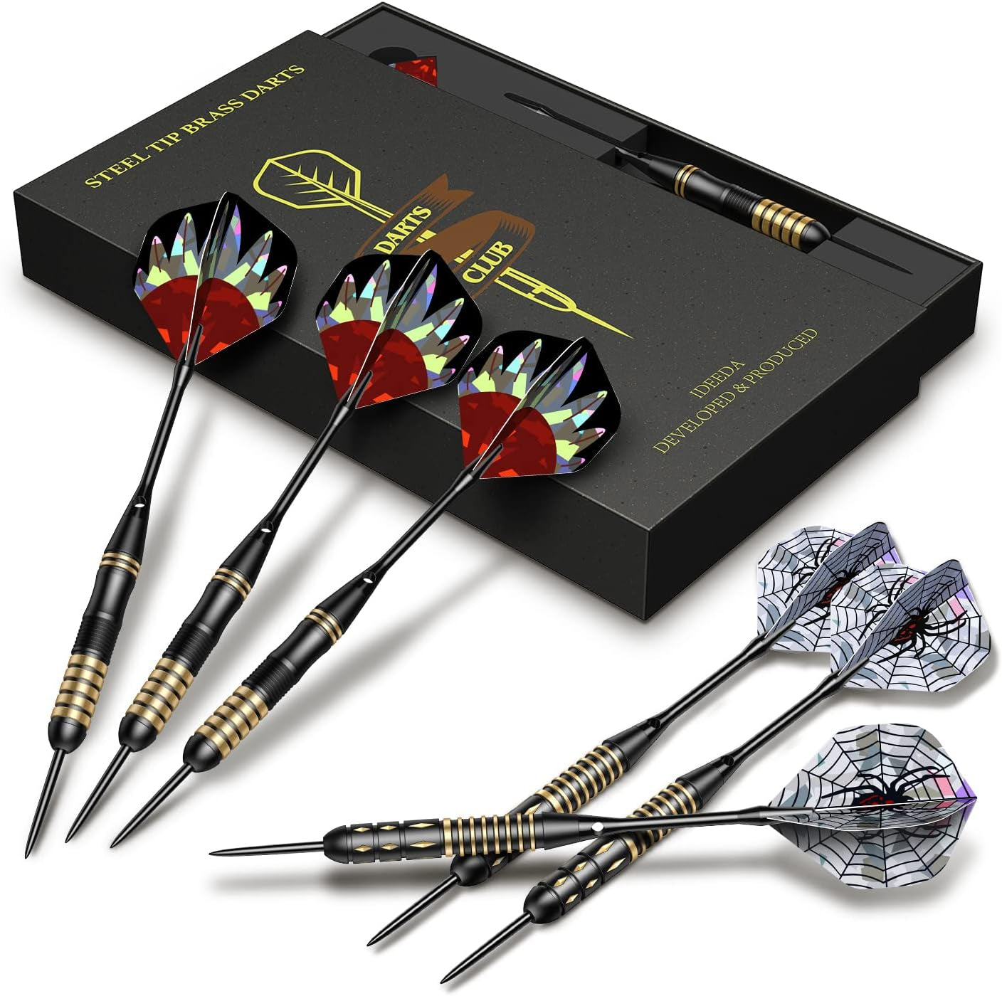 Darts Metal Tip Set - 6 Brass Darts 22G/24G + 12 Aluminum Shafts + 12 Flights + 1 Sharpener