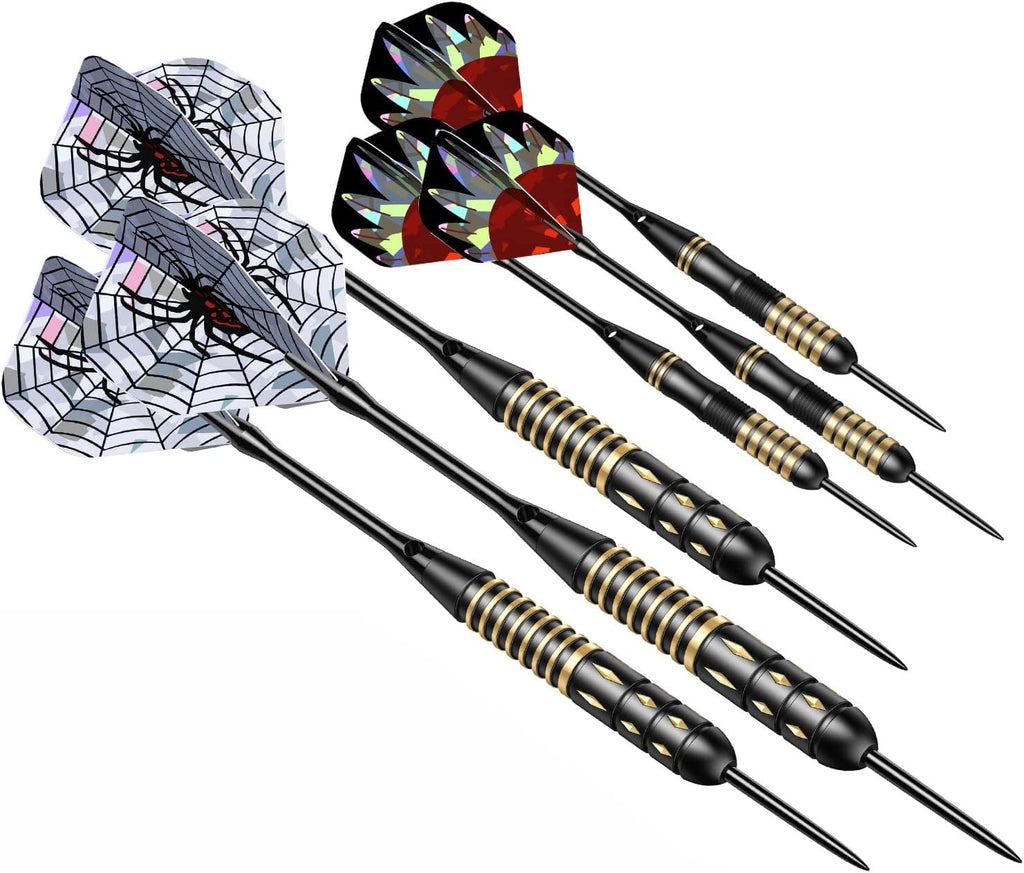 Darts Metal Tip Set - 6 Brass Darts 22G/24G + 12 Aluminum Shafts + 12 Flights + 1 Sharpener