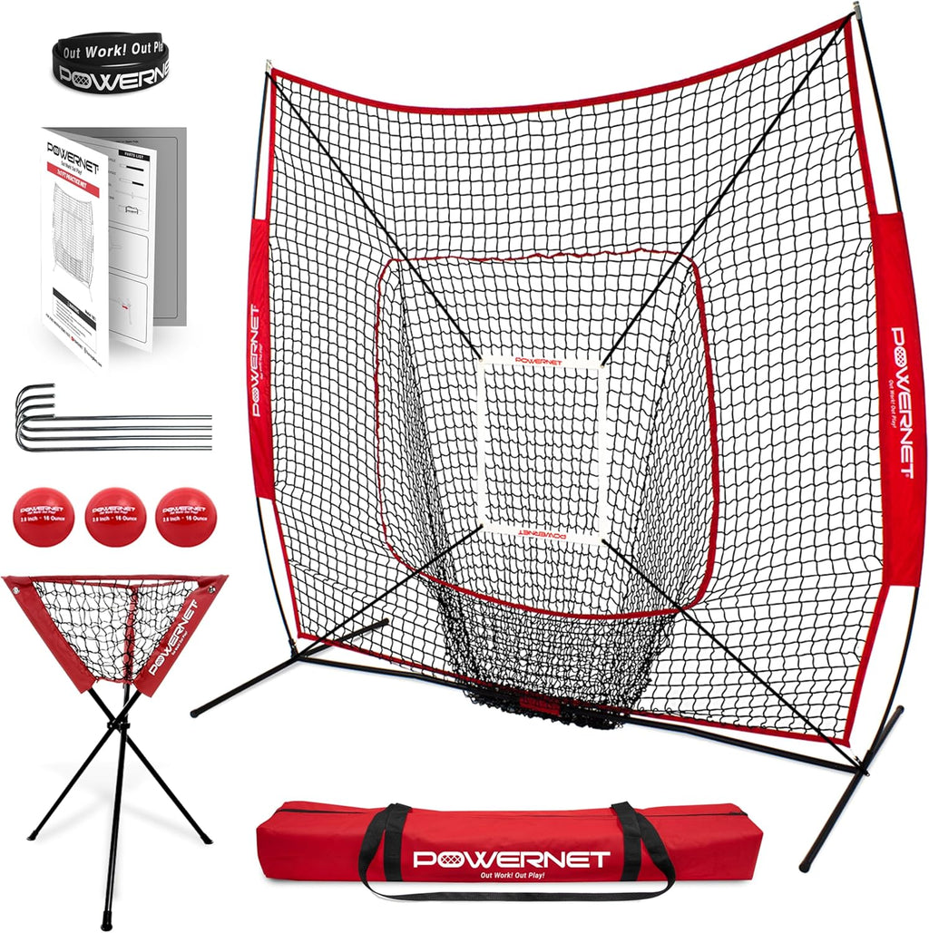 Baseball Softball Practice Net 7X7 with Baseball Accessories for Practice Pitching, Batting & Fielding, Ball Caddy, Weighted Baseballs, Tee