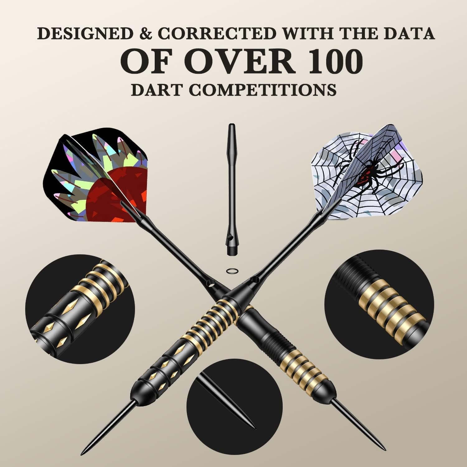 Darts Metal Tip Set - 6 Brass Darts 22G/24G + 12 Aluminum Shafts + 12 Flights + 1 Sharpener