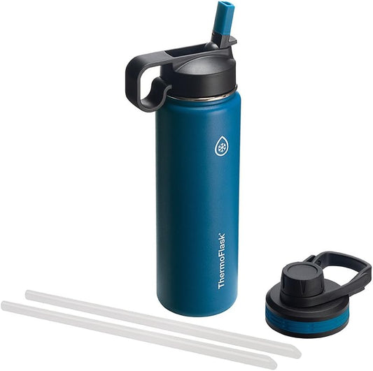 Bottle with Chug Lid & Straw Lid - Insulated Stainless Steel Water Bottle with Leak-Proof Lids - Dishwasher-Safe Reusable Bottle & Lids - Durable Bottle, 2 Straws & 2 Lids - 24 Oz, Cobalt